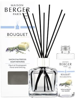 MAISON BERGER Duftbouquet Frische Seife Glaçon Transparent, 100 ml | Komplettset: Flakon aus Klarglas, 6 schwarze Stäbchen und 100 ml Frische Seife, ohne Flamme und ohne Strom