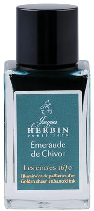 Jacques Herbin 16035JT - Un flacon d'encre pailletée or pour stylo-plume, roller, plume de verre et porte-plume 15 ml, Emeraude de Chivor