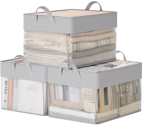 SONGMICS Storage Bins Set of 3, Medium Fabric Storage Baskets, Foldable Organiser with Transparent Nylon Mesh, 40 x 30 x 25 cm, Handles, for Bedroom, Living Room, Dove Grey RFB940G01