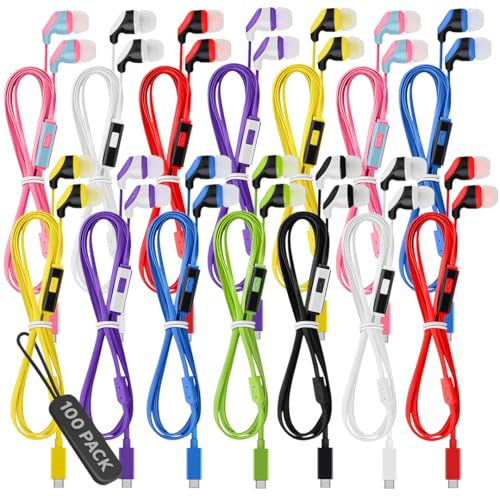 Confezione da 100 auricolari con cavo USB C con microfono, cuffie intrauricolari di tipo C per Chromebook, iPad con USB-C, MacBook, tablet Android, Galaxy, Pixel, cuffie per dispositivi di tipo C