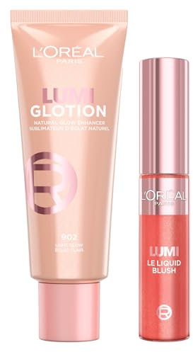 L'Oréal Paris Set Lumi Le Liquid Blush 630 Glowy True Rose Ultra-Leggero Modulabile Lunga Tenuta + Lumi Glotion Illuminante Liquido 902 Light Glow Viso e Corpo Idrata Illumina la Pelle 40ml - Set da 2