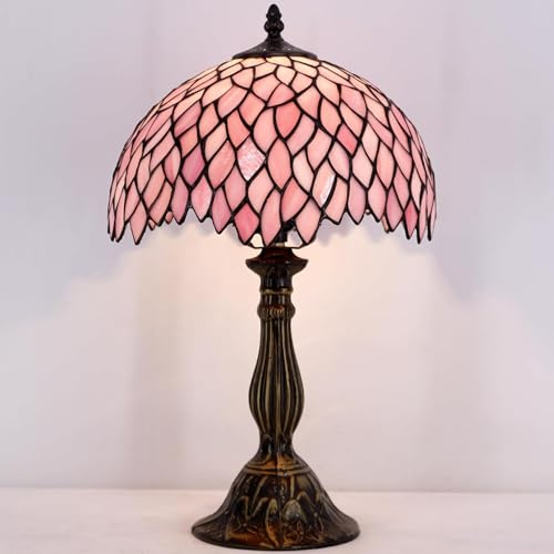 WERFACTORY Tiffany Style Table Lamp Pink Wisteria Stained Glass Table Lamp Reading Light 12X12X18 Inches Metal Leaf Base Decor Bedroom Living Room Home Office S523 Series