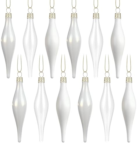 Seenelling 12 Pcs Glass Teardrop Christmas Ornaments 4.72 Inch Luxury Christmas Ornaments Set Matte, Glossy & Transparent Teardrop Glass Baubles, Design for Xmas Tree Decorations Holiday(White)