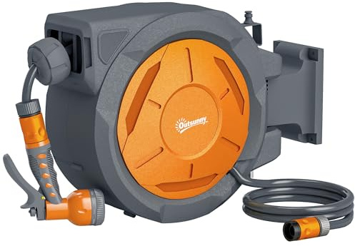 Outsunny Enrouleur tuyau arrosage, dévidoir de tuyaux d'eau, 30+2 m, avec support mural + poignée, pivotant à 180°, 7 options de jets d'arrosage, gris