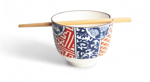 Soba Bowl ASIATICA – Japanische Porzellan-Schale Ø 13 cm mit Stäbchenhalter & Essstäbchen | Ramen Schüssel für Soba, Udon, Reis, Nudeln & Suppen | Geschirr - Japanisches Design (Botanica Irodori)