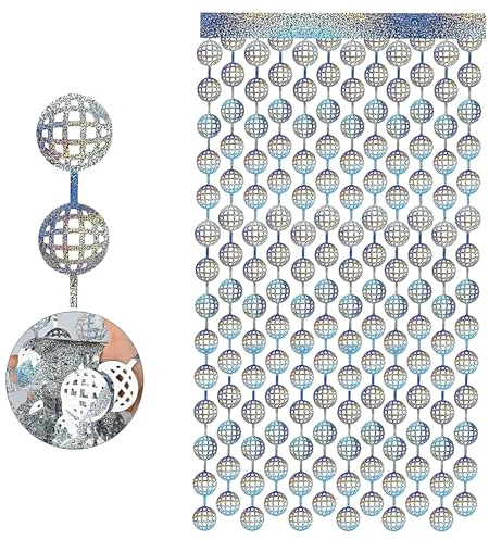 Ovanda Disco Deko, Lametta Vorhang Silber, Discokugel Lametta Vorhang Silber, Vorhang Foil Fotowand Hintergrund Deko, 97cm x 198cm 80er 90er Musik Tanz Party, Discokugel Lichterkette