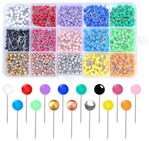 1500 STK Stecknadeln mit Kopf, Bunte Rundkopf Map Pins für Pinnwands, Pinnadeln Bunte Reißzwecken zum Pinnen, Reißnägel, Pinnnadeln für Weltkarte zum Pinnen, Bulletin Board, Kork Boards(15 Farben)