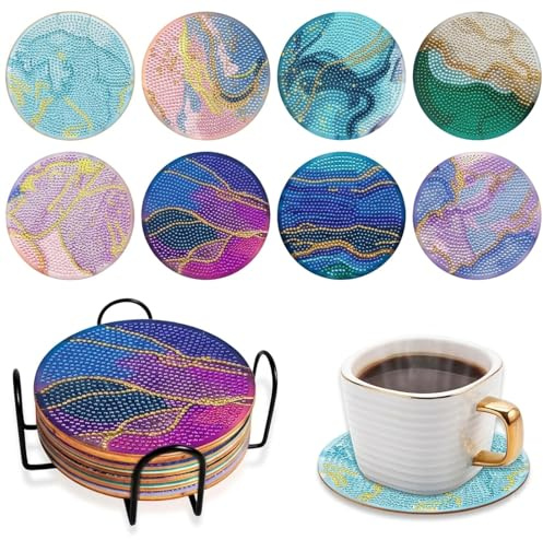 Sunily 8 Stück Diamond Painting Untersetzer mit Halter,Untersetzer Gläser | Tisch Untersetzer-Set DIY Holz Rund Glasuntersetzer Tischdeko Coaster für Getränke/Bar/Tassen/Glas, Marmor
