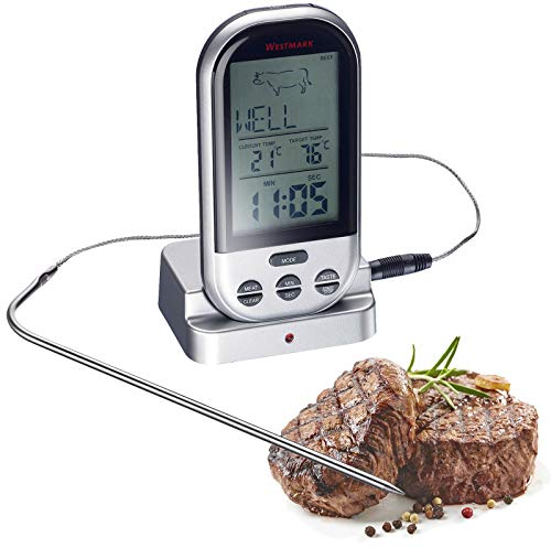 Westmark Digitales Funk-Bratenthermometer, Mit tragbarem Empfänger mit 30 m Reichweite, Rostfreier Edelstahl/Kunststoff, Silber/Schwarz, 12922260