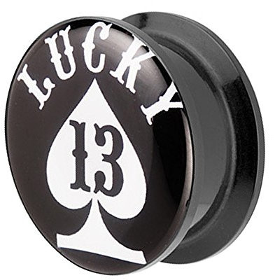 Piercingfaktor Ohr Plug Flesh Tunnel Piercing Ohrpiercing Kunststoff Schraub Schraubverschluß Picture mit Pik Ass Lucky 13 Glücksbringer Motiv 20mm
