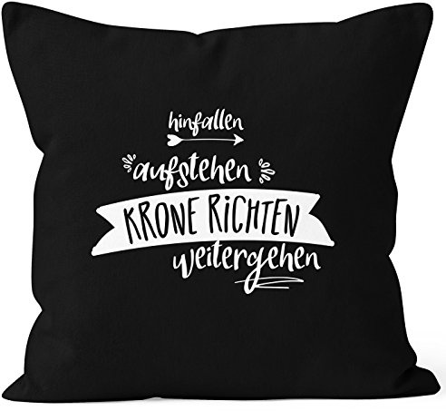 MoonWorks Kissenbezug mit Spruch, Hinfallen aufstehen Krone richten weitergehen, Kissen-Hülle 40x40 Baumwolle, Schwarz Unisize