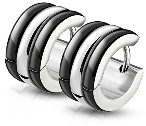 Bungsa Schwarz - Gestreifte Creolen Ohrringe - 4 FARBEN - Edelstahl 1 Paar (Ohrschmuck Ohrklemmen Studs Damen Frauen Herren Mode Earrings)