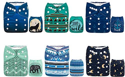 ALVABABY Pack 6pcs Pañales de tela ajustables y lavables de bolsillo + 12 insertos 6DM44-ES