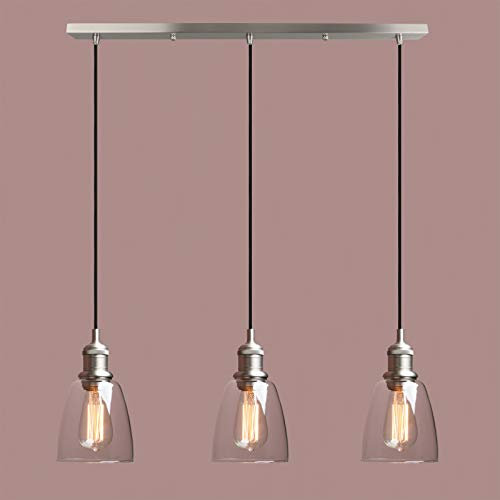 Yosoan Lighting Industrial Vintage Loft Bar 3 Way Pendant Light Fittings Bell Glass Shade Chandelier, Hanging Cluster Ceiling 3 Lights Fixture for Dining Room Living Room Restaurant Cafe (Brushed)