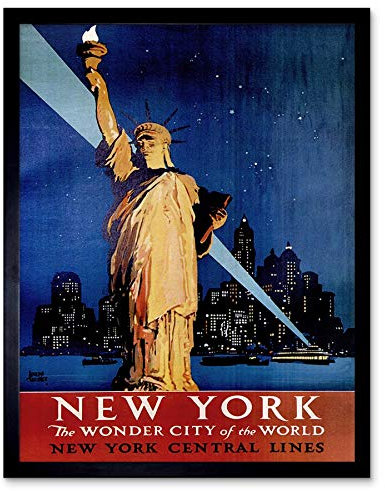 Wee Blue Coo Travel New York Statue Liberty Manhattan Railway USA Vintage Art Print Framed Poster Wall Decor Kunstdruck Poster Wand-Dekor-12X16 Zoll