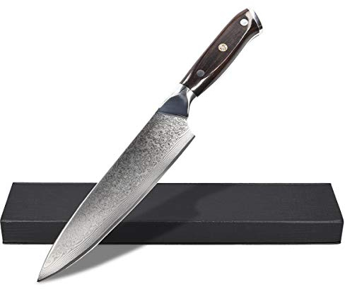 Navaris Damastmesser 20cm Klinge Griff aus Ebenholz - Stahl Küchenmesser Damast Messer aus Damaststahl sehr scharf - mit Holzgriff und Geschenkbox