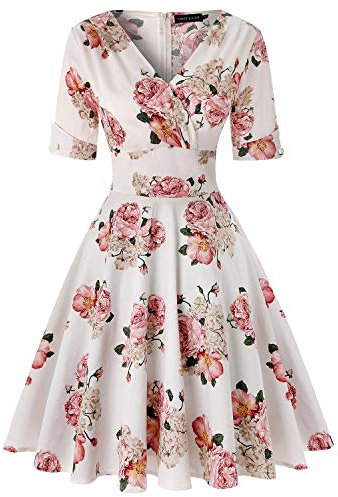 Vintage Tea Dress 1950's Floral Spring Garden Retro Swing Prom Party Cocktail Dress for Women (Floral White,Size L)