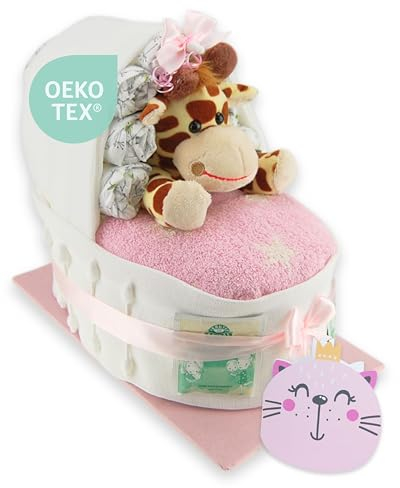 Windeltorte.com – Windelbettchen für Mädchen inkl. 34 LILLYDOO Windeln | Geschenk zur Geburt | Taufgeschenk | Geschenk zur Babyparty – Handgefertigte Windeltorte