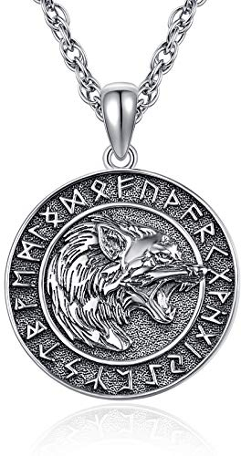KINGWHYTE Wikinger Halskette 925 Sterling Silber Wolfskopf Amulett Anhänger Wikinger Runen Kette Wolfsschmuck Geburtstagsgeschenke für Männer Frauen