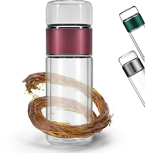 HRB Teekanne mit Siebeinsatz Teeflasche aus doppelwandigen Borosilikatglas rose, Trinkflasche Edelstahl mit einem Volumen von 320 ml, Thermobecher geeignet für Tee, Kaffe u.s.w (Rose)