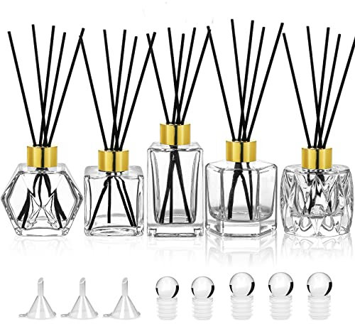 Diffuser Glass Bottles Set of 5 DIY Empty Clear Glass Fragrance Bottle with Gold Caps Reeds Sticks Vase Decorative Diffusers for Home Office Desk Decoration Wedding Replacement Girl Women