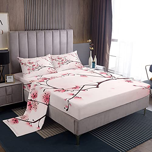 Loussiesd Set di lenzuola per letto singolo con fiori di ciliegio per bambini donne adolescenti camera da letto super morbidi fiori rosa (1 lenzuolo piatto 1 lenzuolo con angoli profondi e 1 federa)