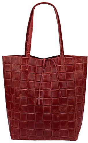 SH Leder ® Damen Echtleder Shopper in geflochtene print mit Innentasche in vielen Farben Schultertasche Henkeltasche 37x29cm Kamilla G267 (Dunkelrot)