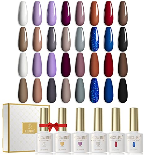 ROSALIND UV Nagellack 20 Stück Schellack Nagellack Gel Nagellack Set mit Base und Top Coat & primer & Matte Coat, 16 Farben 6ml UV LED Soak Off Gel Nail Polish Set
