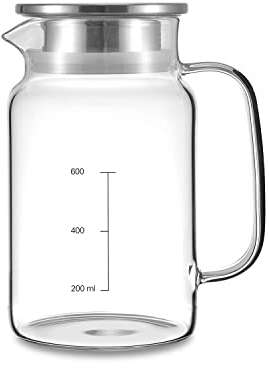 Vucchini 800ml 27OZ Wasserkrug aus Borosilikatglas mit Messmarkierung, 2-wege-deckel, Hitzebeständig,Tropffrei, Krug mit Breiter Öffnung für Milch, Tee, Cola, Saft, Küche, Kochen
