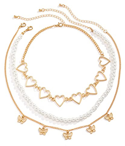 Beydodo Collana Donna 3 Fili, Collana Catena Strati Hawaiana Regolabile Collana di Perline e Catena a Cuore con Ciondoli Farfalle