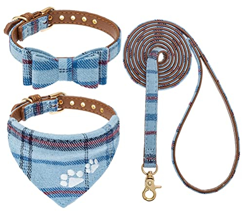 EXPAWLORER Hundehalsband und Leine: Klassisches kariertes Hundehalsband mit Fliege und Pfotenabdruck, kein Verheddern der Hundeleine, verstellbare Halsbänder für kleine, mittelgroße Hunde, Blau, Größe