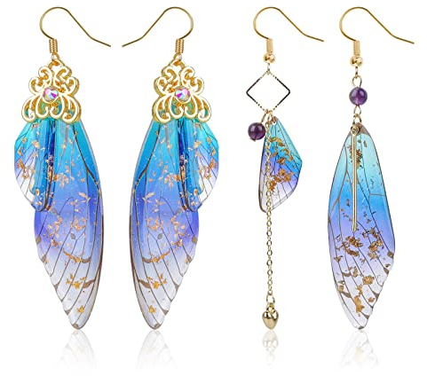2 Paar Schmetterling Ohrringe Schmetterlingsflügel Feenflügel Ohrringe Goldfolie Simulation Insekt Feen Flügel Ohrringe Wing Foil Asymmetrische Elfen Ohrringe Damen Mädchen Earrings Aesthetic