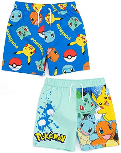 Pokémon Swim Shorts 2 Pack para niños | Niños Niños Blue Squirtle Pikachu Charmander Bulbasaur Pantalones de natación Trunks | Regalos de Trajes de baño para Jugadores