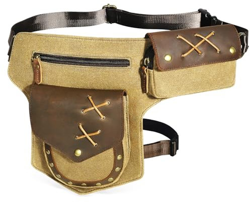 Herren Canvas + Leder Motorrad Reiten Tasche Beinbeutel Beintasche Außenbeintasche Hüfttasche Drop Leg Tasche FB211-8 (Hellbraun)