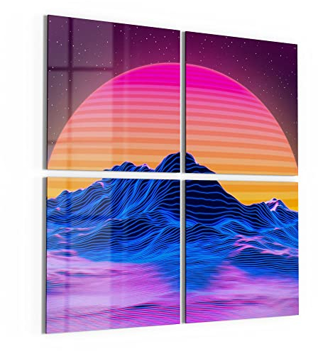 DEQORI Glasbilder Acrylglas | Motiv Vaporwave digitale Kunst | quadratisch 4-teilig 100x100 cm | große XXL Deko | Wandbilder für Wohnzimmer, Schlafzimmer, Flur & Küche | moderne Wanddeko