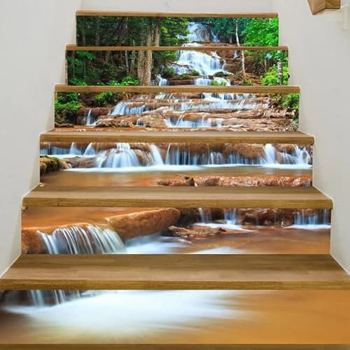 XIAOXIN 6 stücke 13 Teile/Satz Landschaft Wasserfall Treppe Boden Aufkleber Wasserdicht Abnehmbare Selbstklebende DIY Treppenhaus Aufkleber Wandbilder Wohnkultur