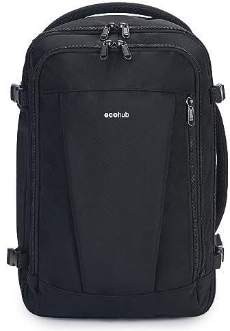 ECOHUB Easyjet Cabin Bag 45x36x20 Underseat Backpack Travel Rucksack 13 Pocket Hand Luggage Waterproof Recycled Carry On Bag for Women & Men 30L Black