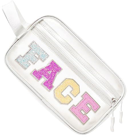 COSHASYOO transparente Make-up-Tasche mit Riemen, adretter Chenille-Buchstabenaufnäher, Kosmetiktasche mit Reißverschluss, kleine süße Reise-Toilettenartikel, Make-up, Weißes Gesicht, Preppy