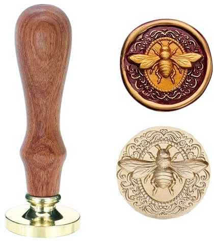 Poemluve Wax Seal Stamp 3D Embossed Bees Retro Sealing Wax Brass Head with Removable Wooden Handle for Wedding Invitation/Envelop/Gift Wrapping