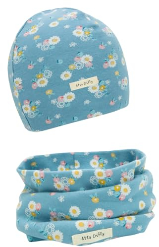 FORUHOO Mädchen Mütze Set mit Schal Kinder Beanie für Herbst Winter Baumwolle 2er (Schal Set: Blau Daisy,49-53)