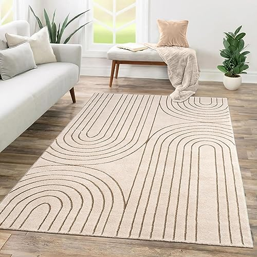 TT Home Wohnzimmer Teppich Kurzflor Geometrisches Design Abstrakte Optik, Farbe:Creme, Größe:120x160 cm
