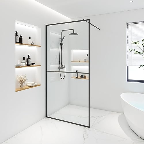 Home Deluxe - Duschabtrennung - BAKI - Breite: 150 cm, Schwarzer Rahmen, Klarglas, 2 Raster Optik - 10 mm ESG - Sicherheitsglas I Walk in Dusche, Duschwand, Duschtür