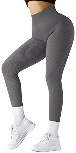 DOULAFASS Gerippte Sport Leggings Damen High Waist Gym Leggings Blickdicht Kompressions Leggings Nahtlose Workout Yoga Leggings Grau M