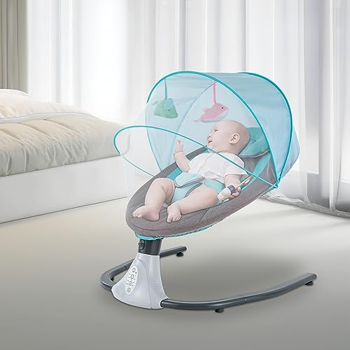 Automatische Babywippe mit beruhigender Musik, tragbar Fernbedienung Babyschaukel mit 4 Schwingwinkel 18kg Tragkraft für entspannte Eltern, Wohnzimmer und Schlafzimmer (Blau)