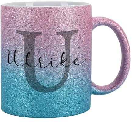 Tasse mit Glitzer personalisiert Keramik 300 ml (Pink-Blau, Buchstabe)