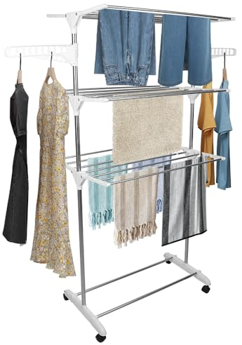 XUANYU Étendoir à Linge sur Pied 3 Niveaux Pliable et Portable, Sechoir à Linge avec Ailes Pliable, Acier Inoxydable et Plastique, Sechoir a Vêtement Intérieur/Extérieur (Blanc-argent D, 75×44×158 cm)