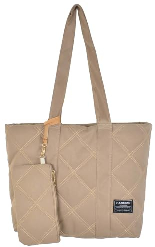 SAVOSWEET Henkeltaschen Damen Groß, Tote Bag Shopper Khaki, Handtasche Stoff Gesteppt, Schultertasche mit Reißverschluss Innentasche und Geldbörse, Tasche für Schule Fitness Reisen Freizeit
