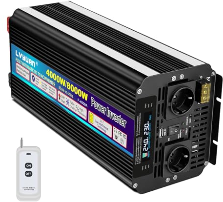 LVYUAN Wechselrichter 24V 230V 4000W/8000W Konverter Spannungswandler mit Kabelloser Fernbedienung, 2 EU Steckdosen, 5V USB Ports und LCD Display