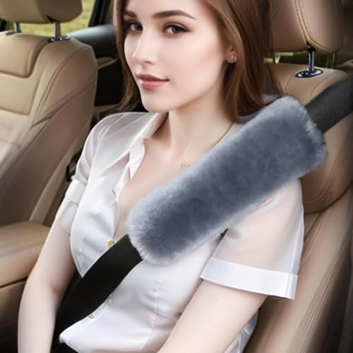 AOGELAN Fluffy Fuzzy Auto-Sicherheitsgurtbezüge aus echtem Schaffell, für weiche Auto-Sicherheitsgurtpolster, Schultergurtkissen, Erwachsene und Kinder (2, Blaugrau)