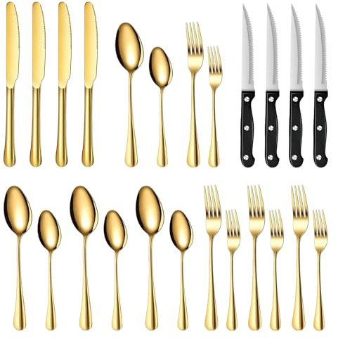 TAN REN Besteck Set Gold 4 Personen, 24-teiliges Besteckset Gold Matt mit Steakmesser, Elegantes Essbesteck mit Messer Gabel Löffel, Tafelbesteck für Küche/Restaurant